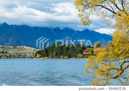 Remarkables Mountains from the shores of Lake Wakatipu in Queenstown, New Zealand Autumn Remarkables Mountains from the shores of Lake Wakatipu in Queenstown, New Zealand Autumn 88468536
