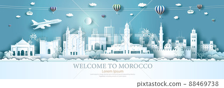 Travel Africa landmarks of Morocco with airplane and balloons. 88469738