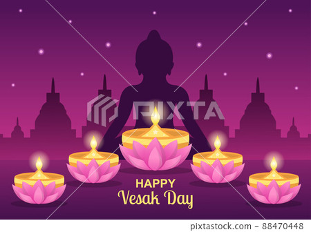 Vesak Day Celebration with Temple Silhouette, Lotus Flower Decoration, Lantern or Buddha Person in Flat Cartoon Background Illustration for Greeting Card Vesak Day Celebration with Temple Silhouette, Lotus Flower Decoration, Lantern or Buddha Person in Flat Cartoon Background Illustration for Greeting Card 88470448