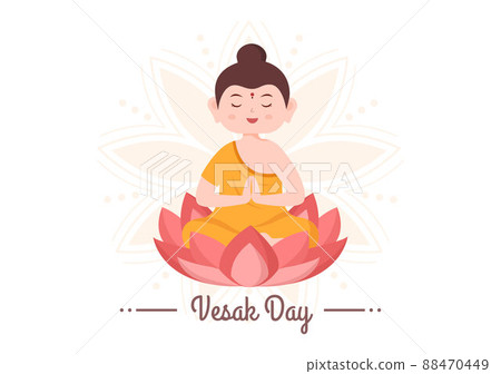 Vesak Day Celebration with Temple Silhouette, Lotus Flower Decoration, Lantern or Buddha Person in Flat Cartoon Background Illustration for Greeting Card 88470449