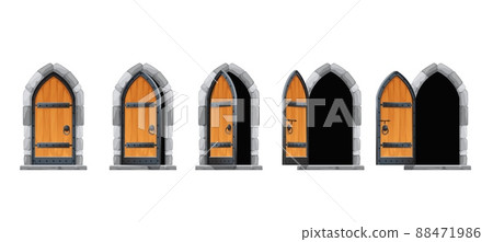Cartoon castle open gate or door, vector motion animation of medieval palace entrance. Castle or house wooden arch gates to animate for opening and closing, old stone doorway or wood gateway 88471986