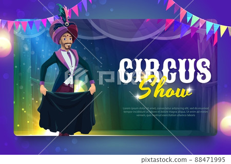 Shapito circus cartoon smiling magician mage performer on stage vector banner of carnival magic show, chapiteau or amusement park event. Circus magician with costume and turban performing tricks 88471995