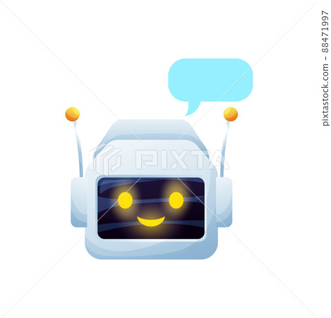 Robot chat bot virtual online support operator isolated cartoon character with antennas. Vector voice talk support service chat bot, virtual online help speech bubble message. Customer application bot 88471997