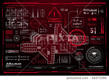 HUD security smart display interface. Vector prison map alert attention screen of Sci Fi game with red hologram danger, warning and caution messages, object location markers, graphs and charts 88471998