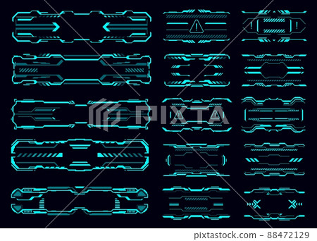 HUD interface neon frames and borders, signs and info boxes, vector callout titles. HUD and Sci Fi tech screen elements, futuristic technology text boards and frames with digital dashboard buttons 88472129