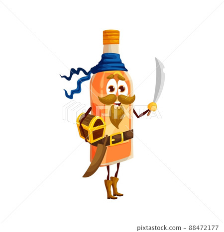Cartoon mezcal pirate personage. Isolated vector bottle of rum, pulque or Mexican tequila buccaneer character. Alcohol drink glass flask filibuster wear bandana holding saber and treasure chest Cartoon mezcal pirate personage. Isolated vector bottle of rum, pulque or Mexican tequila buccaneer character. Alcohol drink glass flask filibuster wear bandana holding saber and treasure chest 88472177