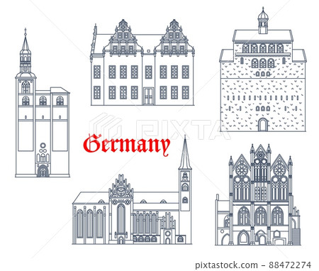 Germany buildings of Tangermunde, Stendal and Havelberg, vector architecture landmarks. German St Stephan kirche and Rathaus or town hall, Sankt Nicolas and Saint Mary Church or Marienkirche 88472274