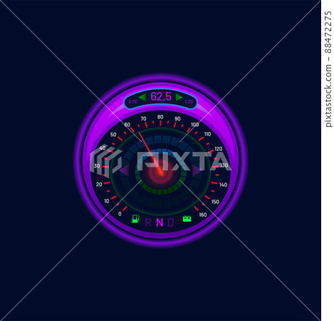 Futuristic car speedometer or gauge dial, neon LED speed meter, vector dashboard. Car speedometer and digital, auto technology interface, speed counter or tachometer indicators panel on glow display 88472275