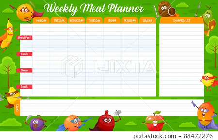 Cartoon fruits superheroes, weekly meal planner schedule, vector organizer check list. Food plan for week or calendar menu for fitness or workout diet and grocery shopping list with fruits superheroes 88472276