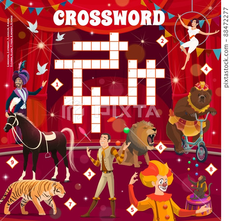 Animals, acrobats and performers on shapito circus stage. Crossword puzzle worksheet, find word quiz. Cartoon vector game with magician, gymnast, juggler, bear, clown, lion, tiger, monkey and horse 88472277