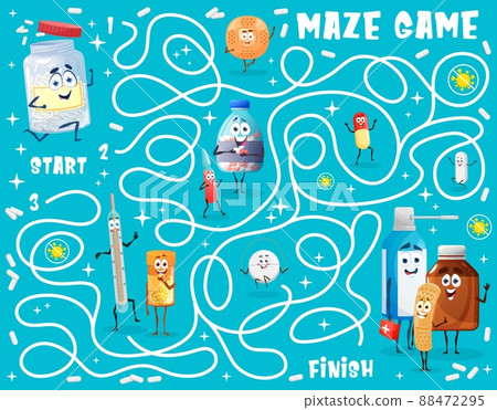 Kids labyrinth maze worksheet of cartoon vector drugs, ointment, pill and medication characters. Find right way labyrinth game, educational puzzle or quiz with funny adhesive plaster and thermometer 88472295