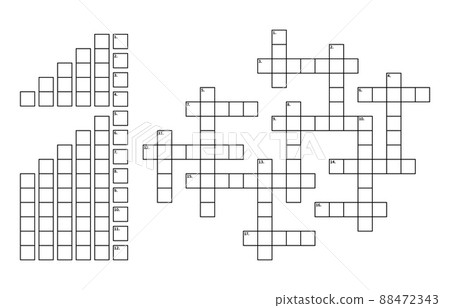 Crossword puzzle game grid vector constructor. Find a word quiz worksheet, empty grids of white and black squares for 17 words with numbers, crossword puzzle or brain teaser template 88472343