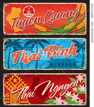 Tuyen Quang, Thai Binh and Thai Nguyen vietnamese regions vintage plates and travel stickers. Vietnam vacation tour grungy plate with province emblems and map. Asia travel postcard or grunge banner 88472356