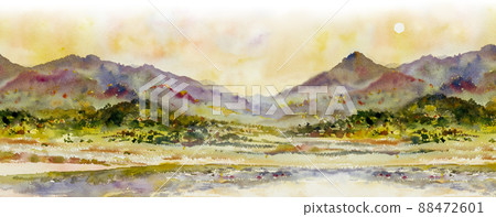 Watercolor landscape paintings colorful mountain range and sunrise. 88472601
