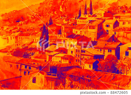 Watercolor paintings landscape of village view on hill mountain. 88472605