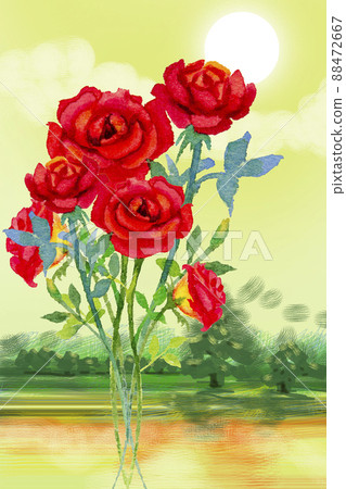 Watercolor painting  red bouqet, happy postcard colorful of roses. 88472667