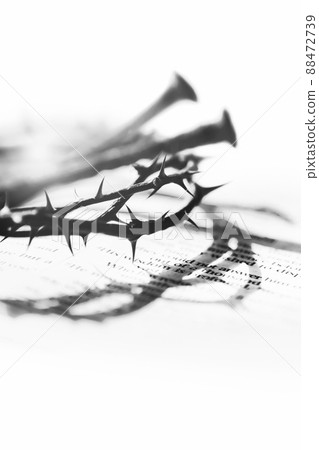 Crown of thorns and nails symbolizing the sacrifice, suffering and resurrection of Jesus Christ on the cross and Easter background 88472739