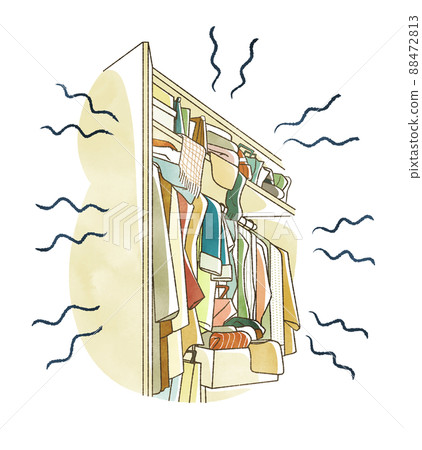 A closet full of clothing and things that create a vibrant atmosphere 88472813