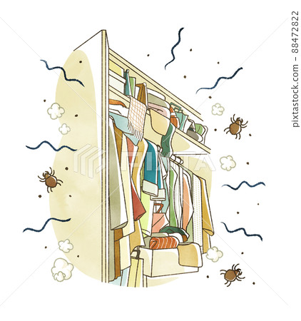 A closet flooded with clothing and objects where mites are breeding A closet flooded with clothing and objects where mites are breeding 88472822