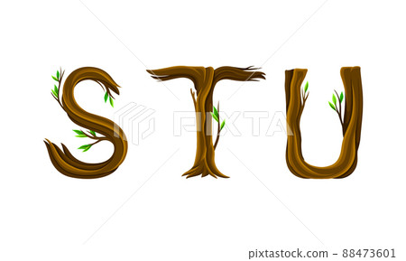 S,T,U letters made of branches and leaves. Eco english alphabet font vector illustration S,T,U letters made of branches and leaves. Eco english alphabet font vector illustration 88473601