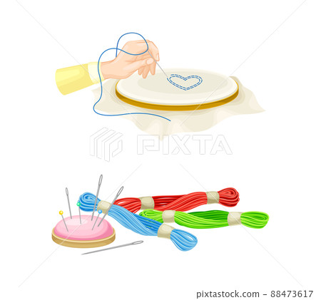 Embroidery equipment and sewing accessories set. Embroidery frame, threads and needles vector illustration 88473617