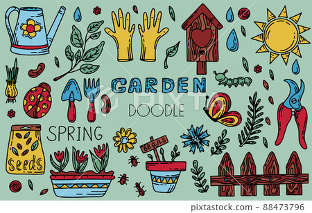 Vector gardening doodle set. Cartoon hand drawn isolated design horticulture elements. Spring set for gardening and floriculture. Sketch of a nerd hobby icon Vector gardening doodle set. Cartoon hand drawn isolated design horticulture elements. Spring set for gardening and floriculture. Sketch of a nerd hobby icon 88473796