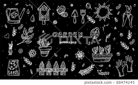 Vector gardening doodle set. Cartoon hand drawn isolated design horticulture elements. Spring set for gardening and floriculture. Sketch of a nerd hobby icon Vector gardening doodle set. Cartoon hand drawn isolated design horticulture elements. Spring set for gardening and floriculture. Sketch of a nerd hobby icon 88474245