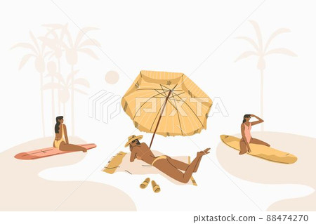 Hand drawn vector abstract stock graphic summer time cartoon,minimalistic style illustrations print with bohemian beautiful girls sunbathes and relax on the sunset beach,isolated on color background. 88474270
