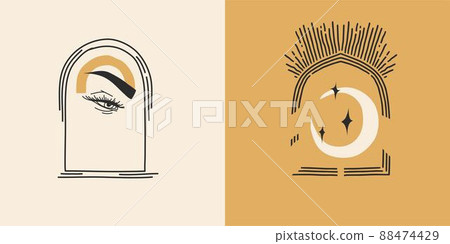 Hand drawn vector abstract stock flat graphic illustrations set with logo element,bohemian astrology magic minimalistic emblem of mystic line arch portal and evil eye ,simple style for branding. 88474429