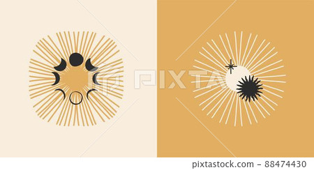 Hand drawn vector abstract stock flat graphic illustration set with logo element,bohemian astrology magic minimalistic emblem of mystic sun and moon phases silhouettes,simple style for branding. 88474430