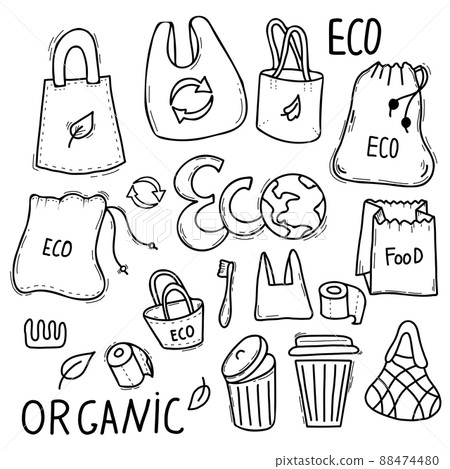 Ecology concept. No plastic,organic, eco friendly approach, trash cans and planet earth, paper and eco bags. Set of linear icons style vector illustration doodle drawing isolated on white background. Ecology concept. No plastic,organic, eco friendly approach, trash cans and planet earth, paper and eco bags. Set of linear icons style vector illustration doodle drawing isolated on white background. 88474480
