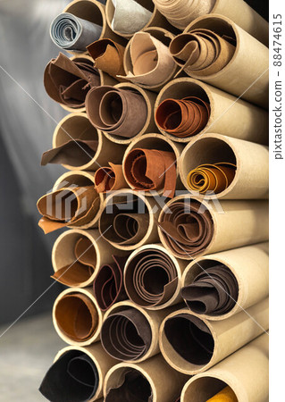 Material for creating handmade production at leather workshop. Storage organization at tannery Material for creating handmade production at leather workshop. Storage organization at tannery 88474615