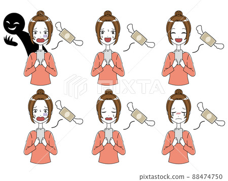 插圖集的圖像,如消費和揮霍,一個女人用智能手機的錢飛來飛去 插圖集的圖像,如消費和揮霍,一個女人用智能手機的錢飛來飛去 88474750