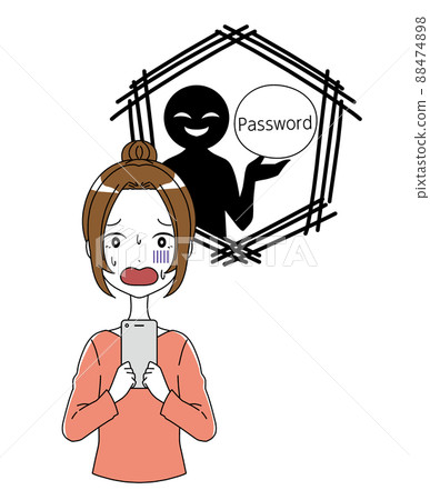 一個女人的插圖與一個智能手機和一個黑色的人物與密碼被採取 一個女人的插圖與一個智能手機和一個黑色的人物與密碼被採取 88474898