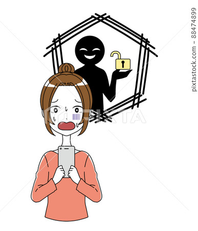 一個女人用智能手機和一個黑色人物的插圖,上面有一把打開的鑰匙,其安全性已被破壞 一個女人用智能手機和一個黑色人物的插圖,上面有一把打開的鑰匙,其安全性已被破壞 88474899