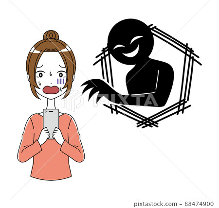 一個女人的危險形象與智能手機和一個黑色的身影的插圖 88474900