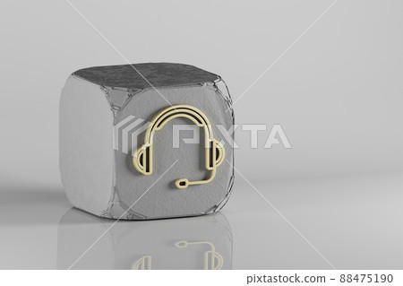 Big Headphones with Microphone icon. Beautiful Golden music symbol icons on a beton cube and white ceramic background. 3d rendering illustration. Background pattern for design. Big Headphones with Microphone icon. Beautiful Golden music symbol icons on a beton cube and white ceramic background. 3d rendering illustration. Background pattern for design. 88475190