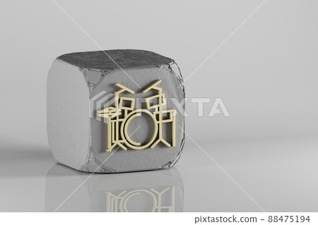 Drum Kit icon. Beautiful Golden music symbol icons on a beton cube and white ceramic background. 3d rendering illustration. Background pattern for design. Drum Kit icon. Beautiful Golden music symbol icons on a beton cube and white ceramic background. 3d rendering illustration. Background pattern for design. 88475194