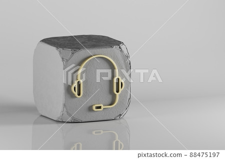 Headphones with Mic  icon. Beautiful Golden music symbol icons on a beton cube and white ceramic background. 3d rendering illustration. Background pattern for design. 88475197