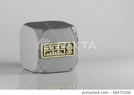 Car Radio icon. Beautiful Golden music symbol icons on a beton cube and white ceramic background. 3d rendering illustration. Background pattern for design. Car Radio icon. Beautiful Golden music symbol icons on a beton cube and white ceramic background. 3d rendering illustration. Background pattern for design. 88475206