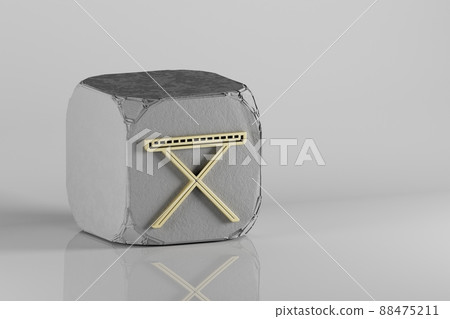 Synthesizer with Support icon. Beautiful Golden music symbol icons on a beton cube and white ceramic background. 3d rendering illustration. Background pattern for design. Synthesizer with Support icon. Beautiful Golden music symbol icons on a beton cube and white ceramic background. 3d rendering illustration. Background pattern for design. 88475211