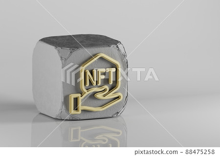 NFT Hand icon. Beautiful Golden NFT symbol icons on a beton cube and ceramic background. 3d rendering illustration. Background pattern for design. NFT Hand icon. Beautiful Golden NFT symbol icons on a beton cube and ceramic background. 3d rendering illustration. Background pattern for design. 88475258