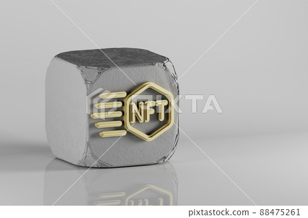 NFT Token icon. Beautiful Golden NFT symbol icons on a beton cube and ceramic background. 3d rendering illustration. Background pattern for design. NFT Token icon. Beautiful Golden NFT symbol icons on a beton cube and ceramic background. 3d rendering illustration. Background pattern for design. 88475261