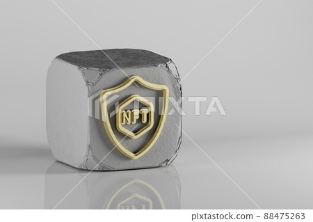 NFT Security icon. Beautiful Golden NFT symbol icons on a beton cube and ceramic background. 3d rendering illustration. Background pattern for design. NFT Security icon. Beautiful Golden NFT symbol icons on a beton cube and ceramic background. 3d rendering illustration. Background pattern for design. 88475263