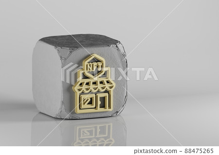 NFT store icon. Beautiful Golden NFT symbol icons on a beton cube and ceramic background. 3d rendering illustration. Background pattern for design. NFT store icon. Beautiful Golden NFT symbol icons on a beton cube and ceramic background. 3d rendering illustration. Background pattern for design. 88475265
