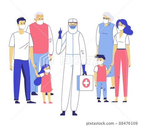 Concept of epidemic disease. Family doctor in viral hazard protective suit and patients in protective masks. 88476109