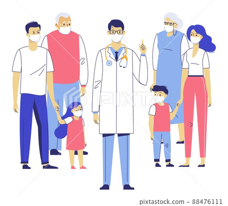 Concept of epidemic disease. Family doctor with patients in protective masks. Concept of epidemic disease. Family doctor with patients in protective masks. 88476111