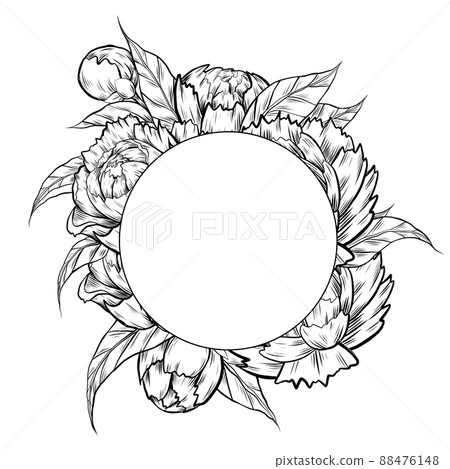 Vector round frame with sketch peony flowers with foliage, hatching and copy space. Contour natural circle border with floral bouquet 88476148