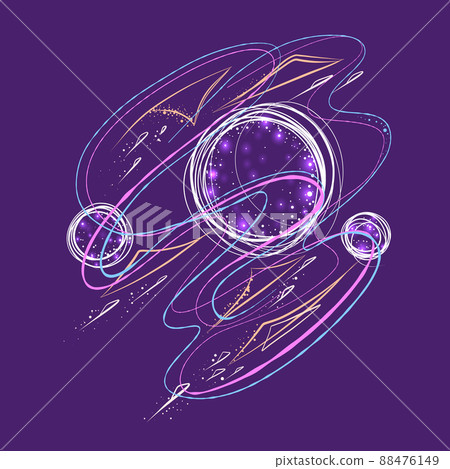 Vector illustration of the metaverse. Abstract image with planets, stars and curved lines on a purple background. Futuristic backdrop 88476149