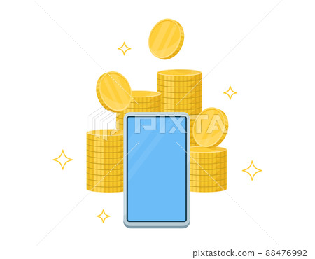 智能手機模型和貨幣插圖 在線資產管理、收入、支付等。 智能手機模型和貨幣插圖 在線資產管理、收入、支付等。 88476992